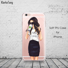 Beautiful Girl drink coffee Design Transparent TPU Case Cover For Iphone 6 6s 5 5s SE 7 7Plus Fashion Cell Phone Cases